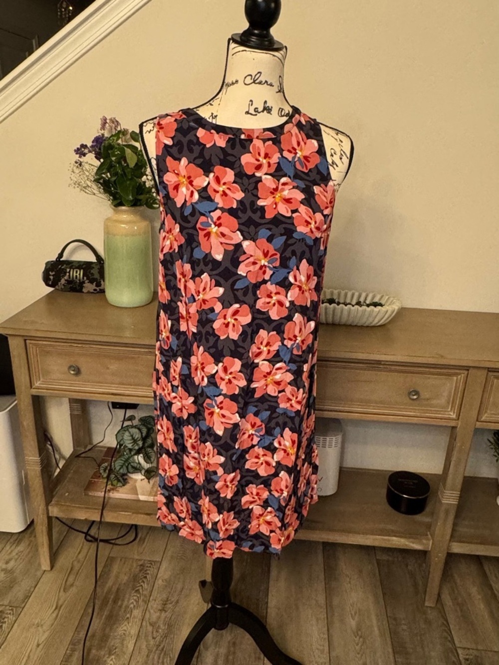 LOFT Navy Floral Sleeveless Mini Dress with Pink Blooms